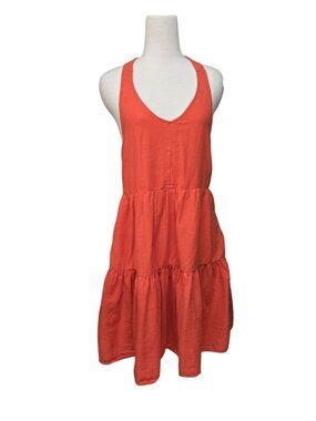 American Eagle Tiered Halter Dress Linen Blend Sz L Pockets Orange Beach Boho